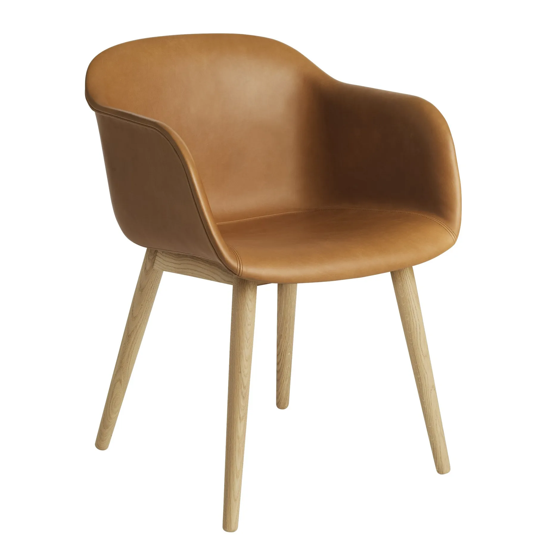 Fiber Chair stol med armlæn og træben, Cognac leather/Oak Muuto