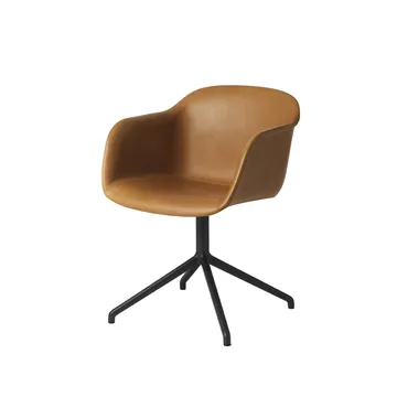 Fiber karmstol tube base - Refine leather cognac, black - Muuto