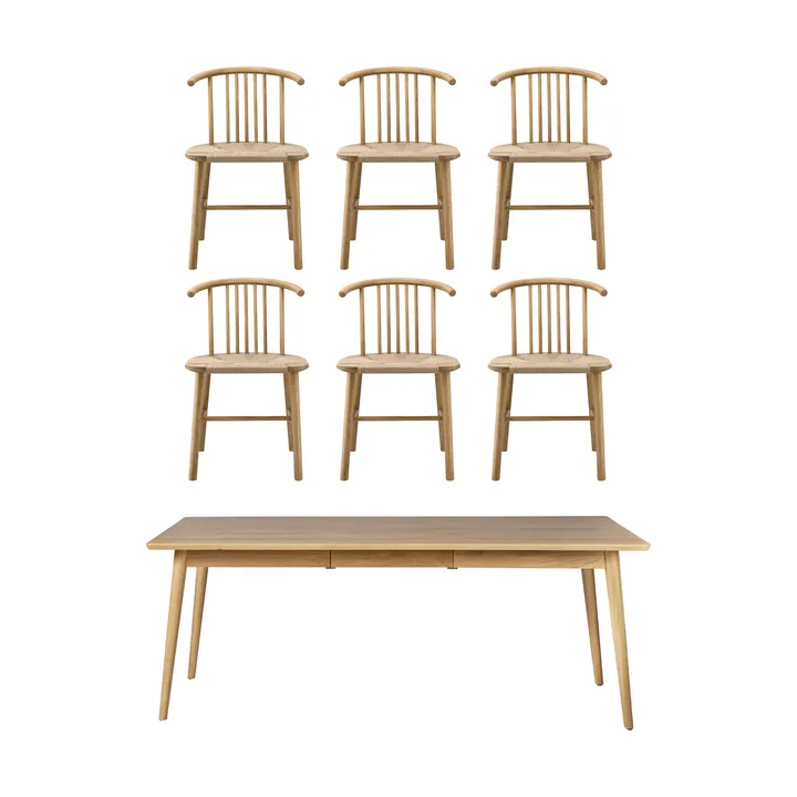 VIOR spisebord 200 cm + stol 6‑pak – Lakeret eg‑natur - NJRD