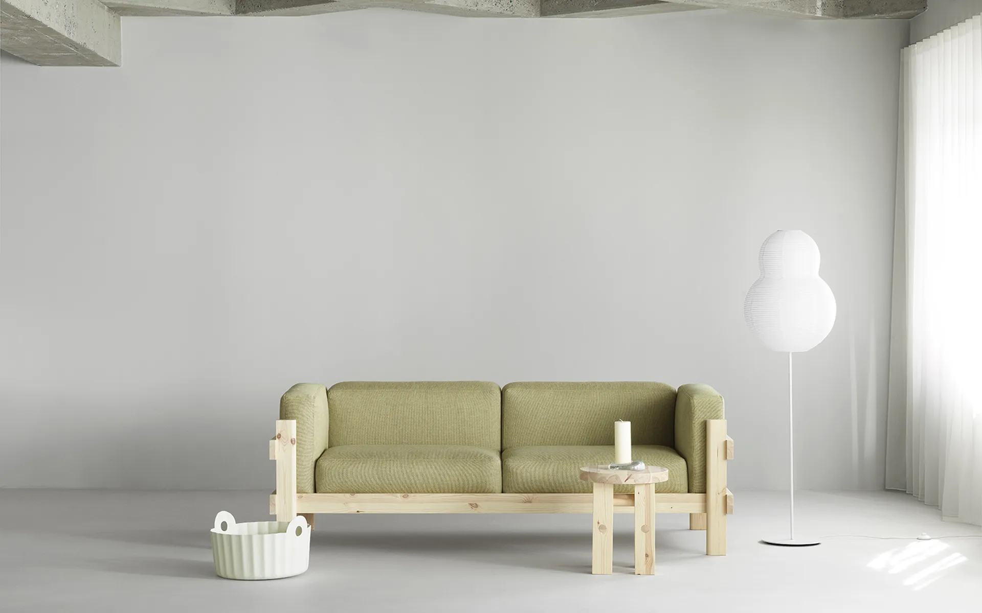 Kube sofa, Lakeret fyrretræ-stof Remix 143 Grey, 220 cm Normann Copenhagen