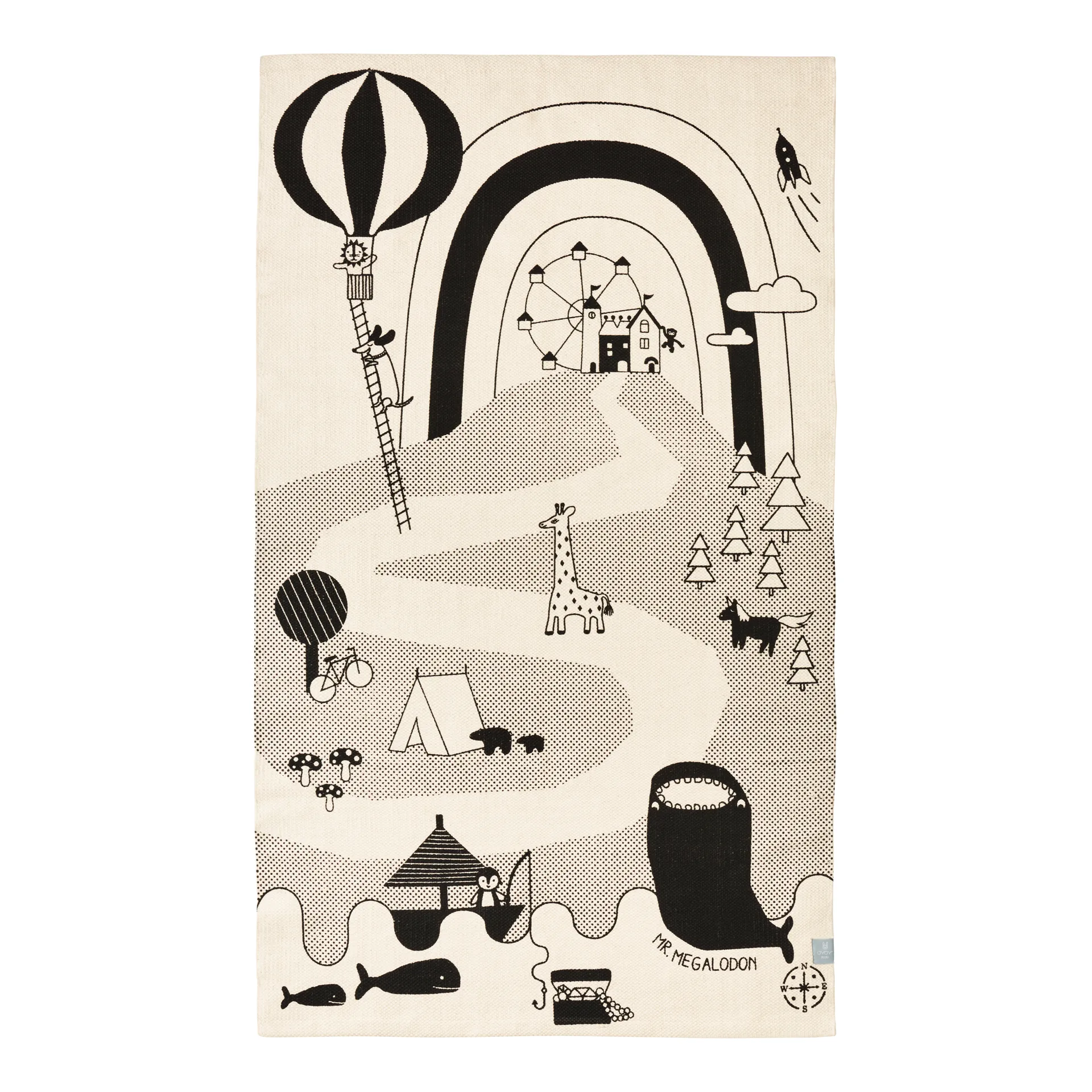 Mr. Megalodon Adventure tæppe 90x150 cm, Offwhite/Sort OYOY