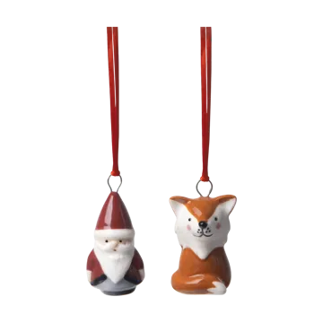 Fox & Santa dekorationsophæng 2 dele - Rød-hvid-brun - Pluto Design
