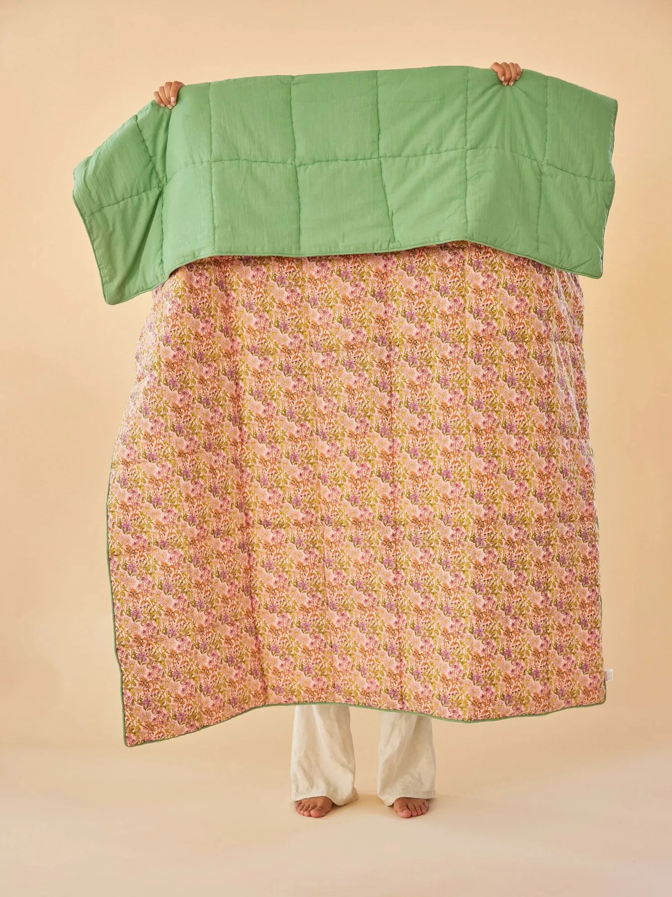 Rice bomuldstæppe blomstret 140x200 cm, Multi/Green RICE