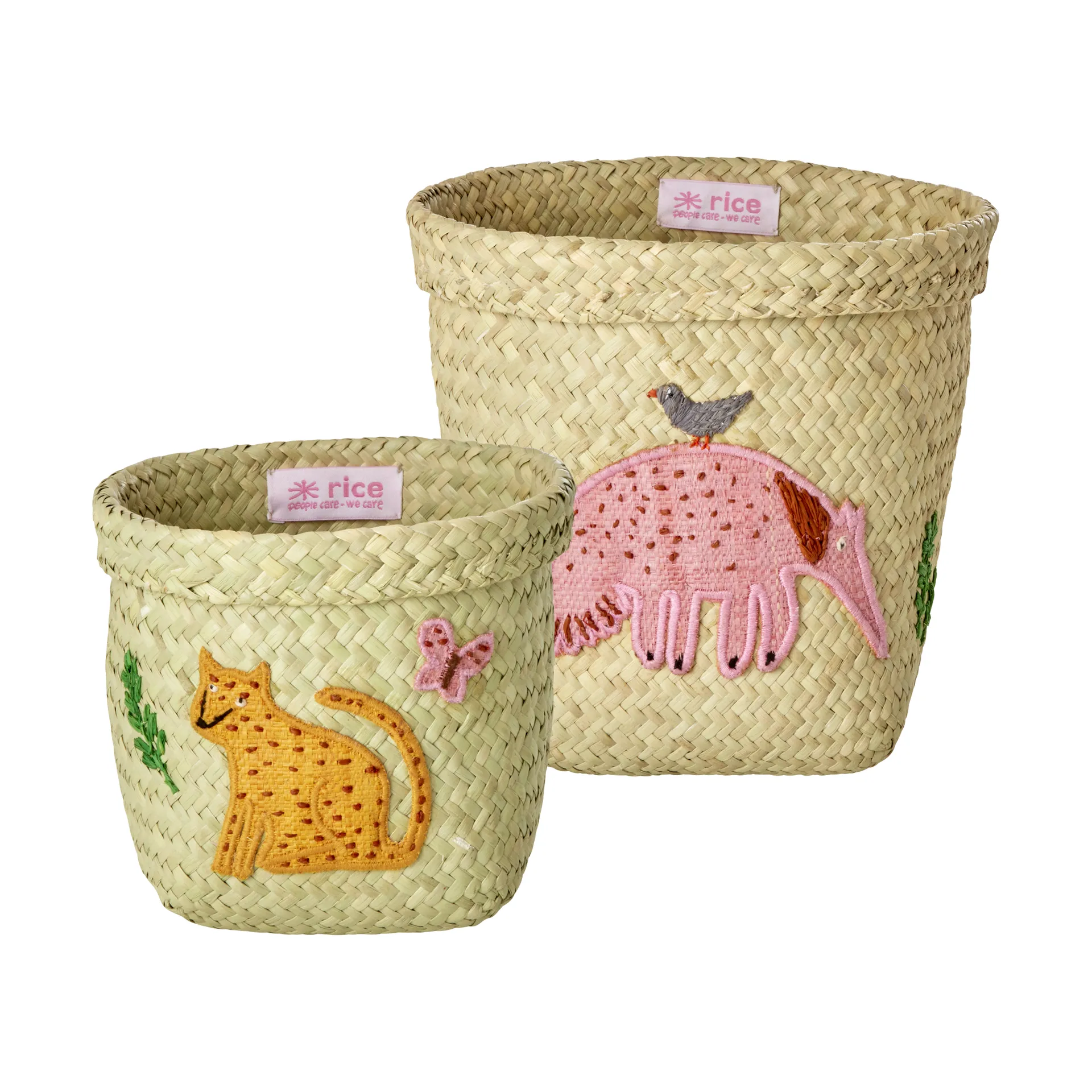 Rice raffia opbevaringskurv rund 2 dele, Animal Embroidery-Pink-Orange RICE