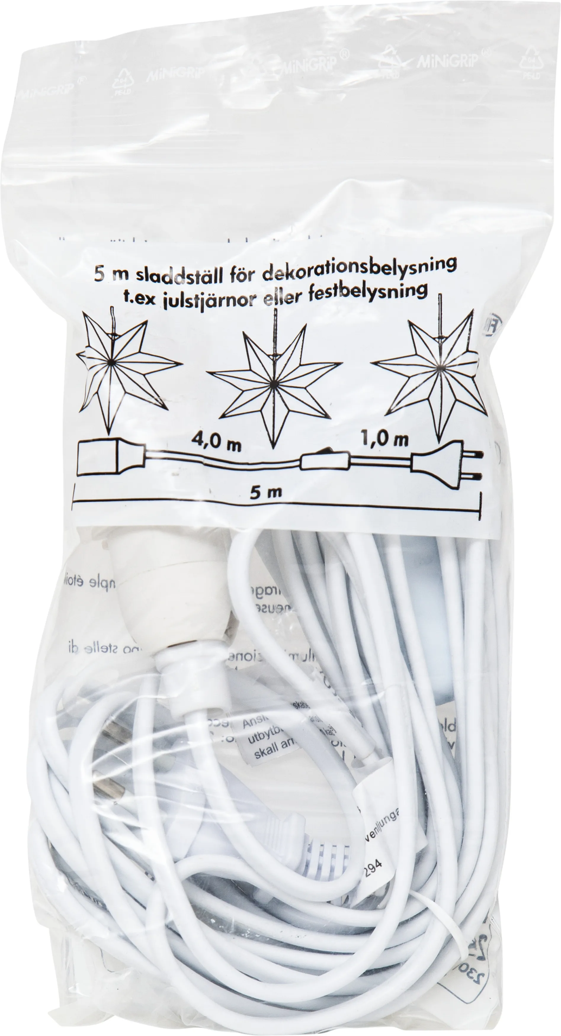 Ledning E14 5 m med afbryder, Hvid Star Trading