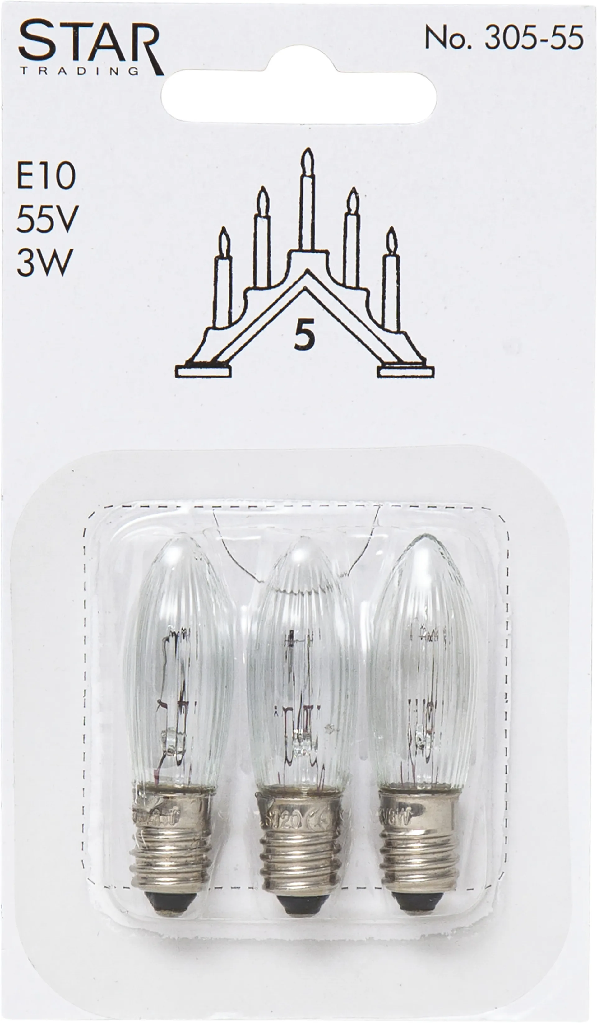 Star Trading reservepære E10 3-pack, 305-55 (5-armet) Star Trading