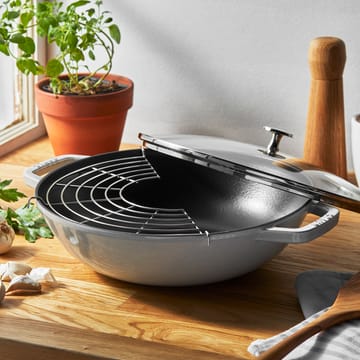 Staub wokpande støbejern med glaslåg Ø30 cm - White truffle - STAUB