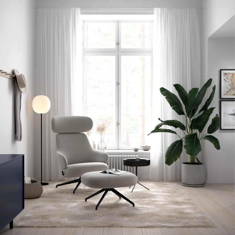 Pillo lænestol, stof Hallingdal 65 200 offwhite, krom, 4-stjernet drejefod Swedese