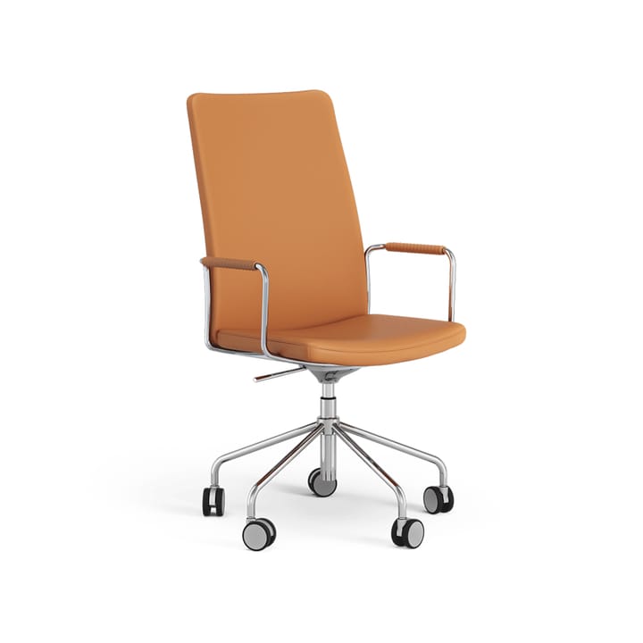 Stella høj kontorstol kan hæves/sænkes uden at vippe - læder Elmosoft 54035 cognac, krom, justerbar siddehøjde - Swedese