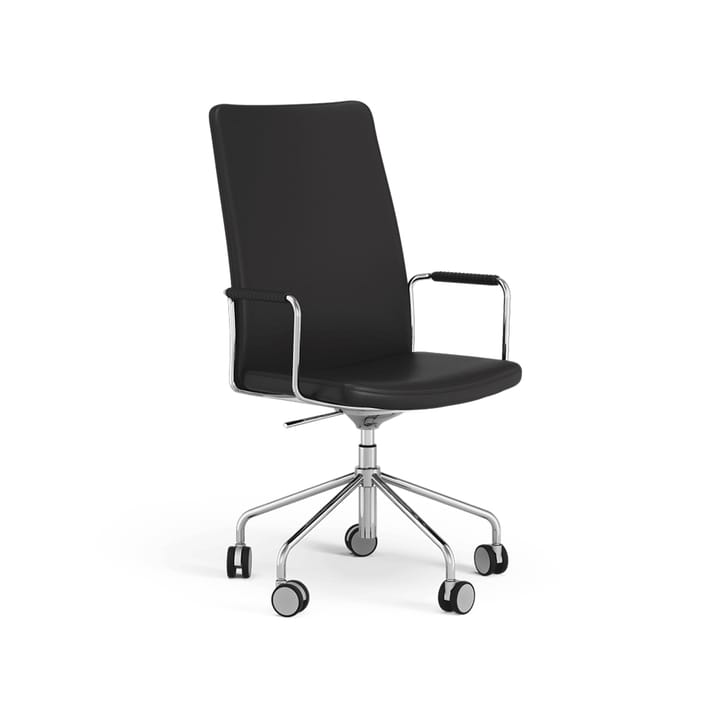 Stella høj kontorstol kan hæves/sænkes uden at vippe - læder Elmosoft 99999 sort, krom, justerbar siddehøjde - Swedese