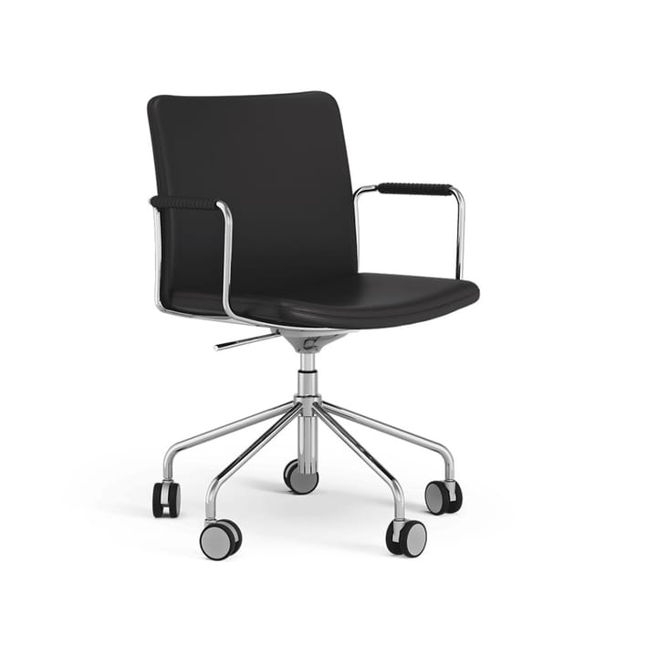 Stella kontorstol kan hæves/sænkes med tilt - læder Elmosoft 99999 sort, kromstel, læderbeklædte armlæn, affjedring i ryggen - Swedese
