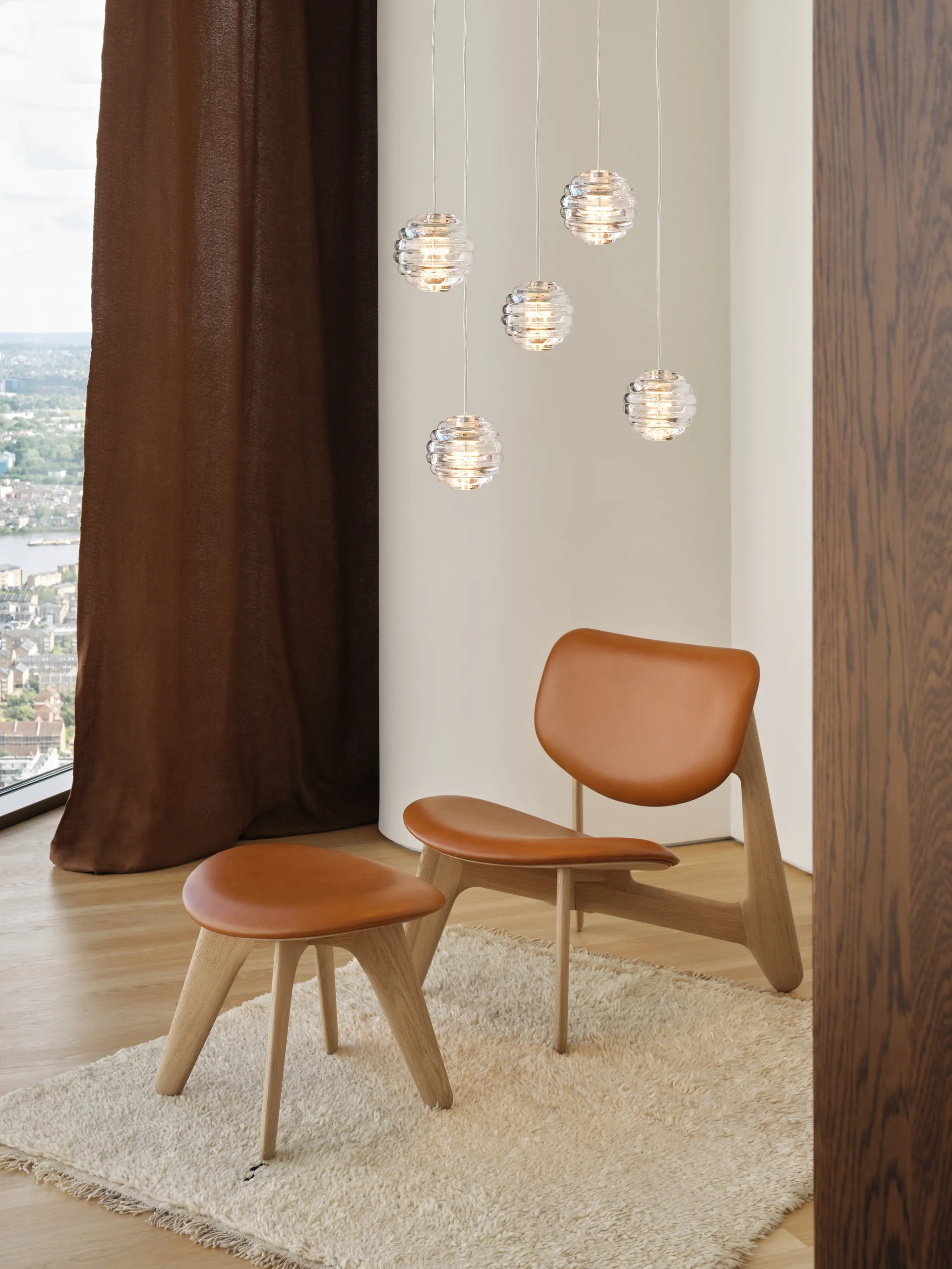 Slab loungestol polstret sæde, Natural oak-cognac leather Tom Dixon