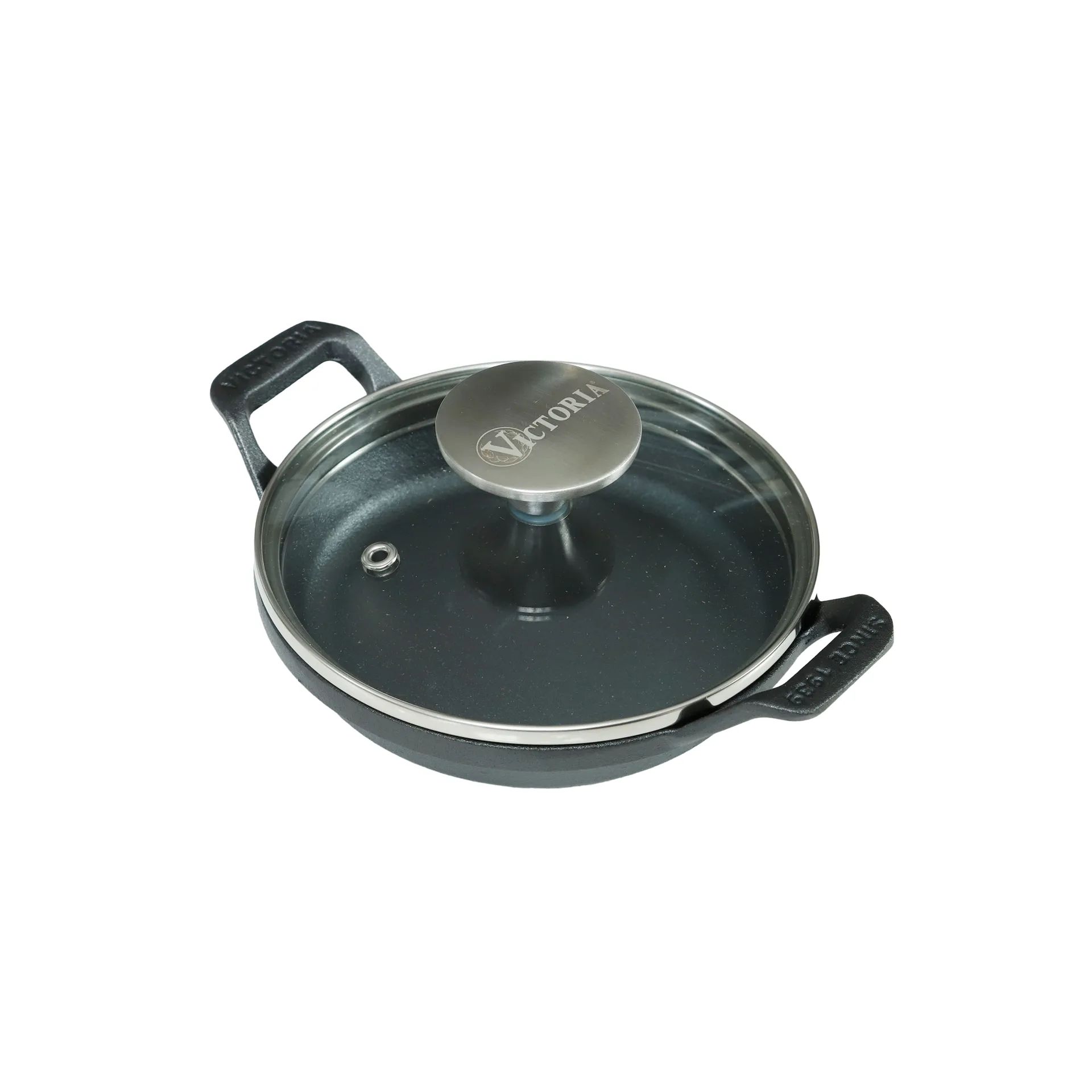 Mini rund gryde med glaslåg støbejern pre-seasoned, Ø14 cm Victoria