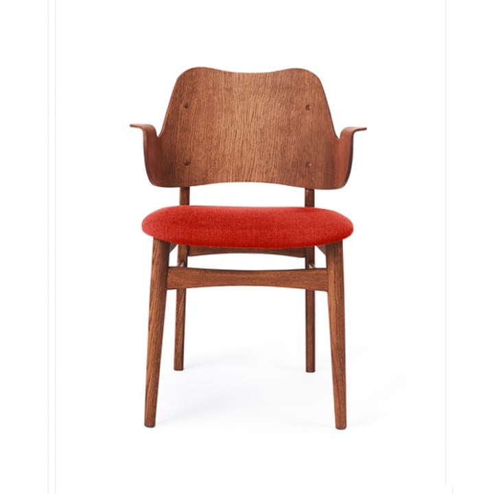 Gesture stol, polstret sæde - stof sunset orange, teakolieret egetræsstel - Warm Nordic