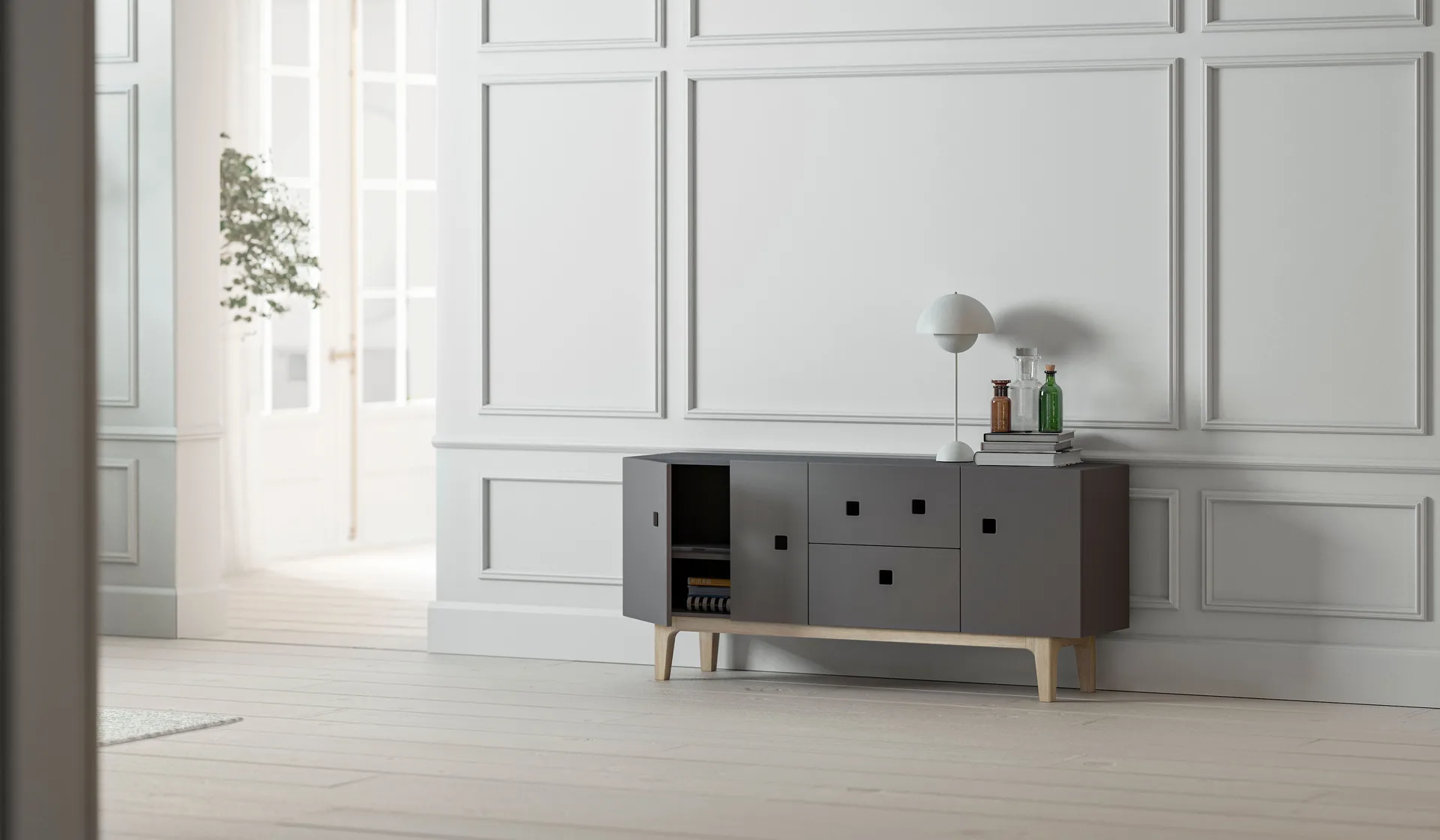 Peep M2 TV-bord, slate grey, hvidpigmenteret egetræ Zweed