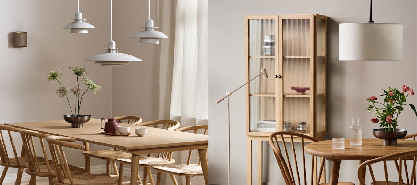 Her kan du se to forskellige belysningsidéer til spisestuen i en Japandi stil. Den ene med et langt spisebord og en klynge af lamper og den anden med et rundt bord og rund lampe.