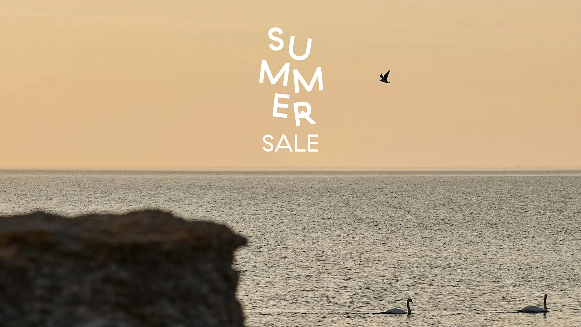 Sommersalgstekst over en fredfyldt havudsigt med to svaner og en fugl flyvende under varm himmel.