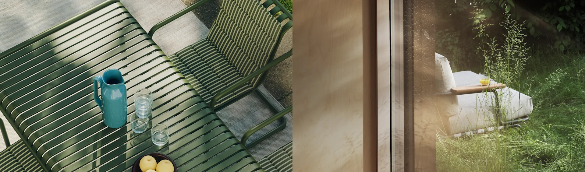 Delt billede: grønt lameludendørsbord med kande, glas og frugt. Til højre: hvid liggestol i grøn have set gennem et vindue.