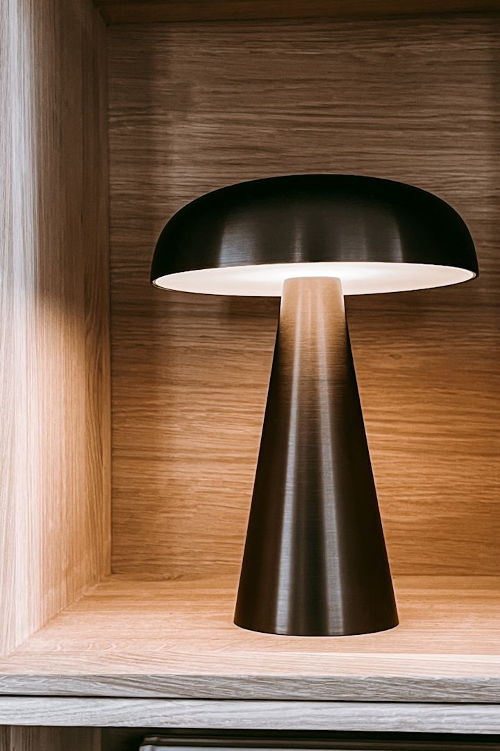 Indret bogreolen - inspiration fra Anela Tahirovic @arkihem hvor at en trådløs lampe såsom Como fra &Tradition er peferkt til at style din bogreol med.