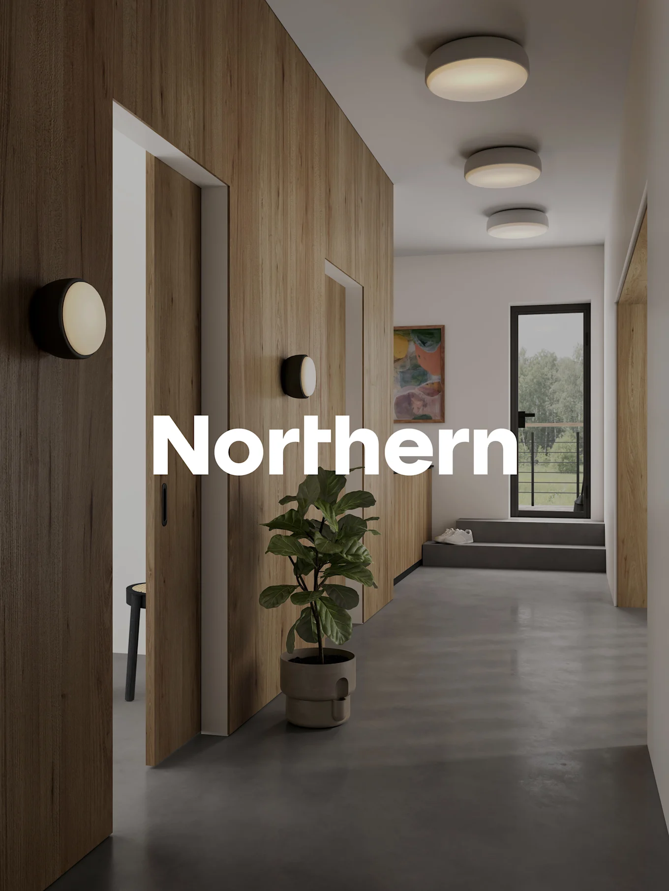 Moderne gang med træpaneler, betongulv, cirkulære lamper, en potteplante og en åben dør til grøn udsigt.