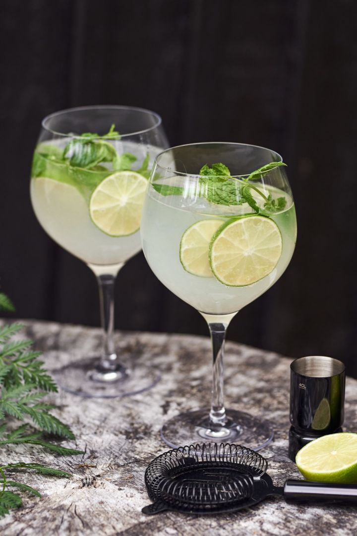 En slags gin og tonic slags glas med drink og lime i.