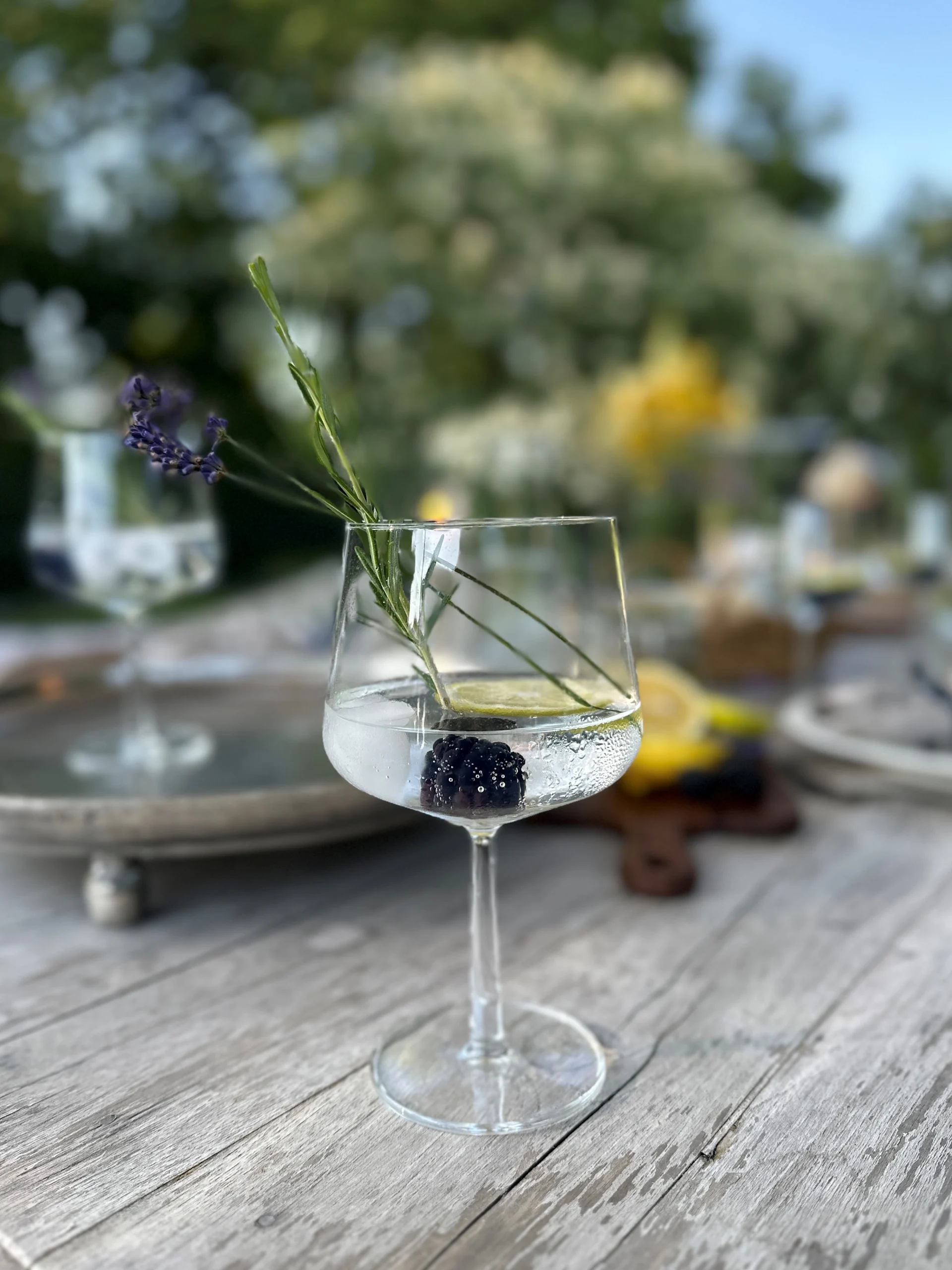 En slags gin og tonic slags glas med drink og lime i.