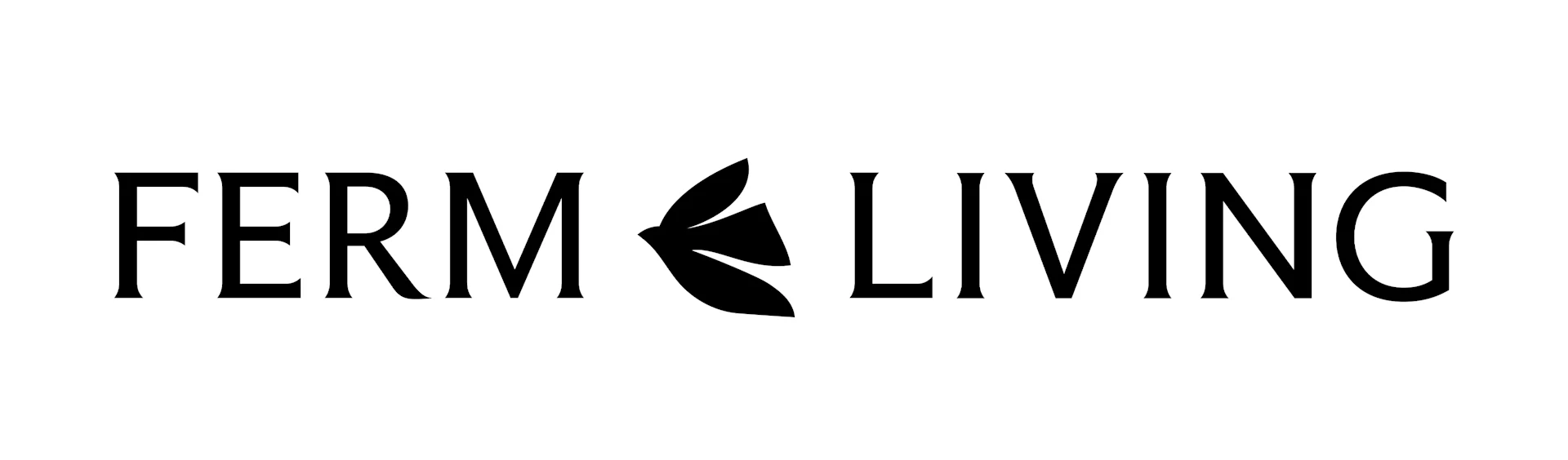 FERM LIVING logo med et stiliseret bladdesign mellem ordene.