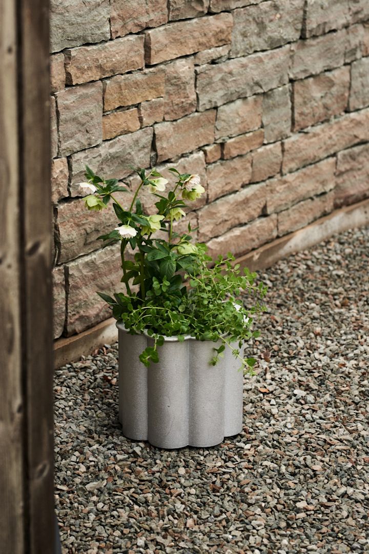 Byarums Bruks grå krukke er en ægte designklassiker blandt store krukker til terrassen. Krukken er lavet af metal og har et smukt plisseret design. Her placeret op ad en stenmur, beplantet med både grønt og blomster.
