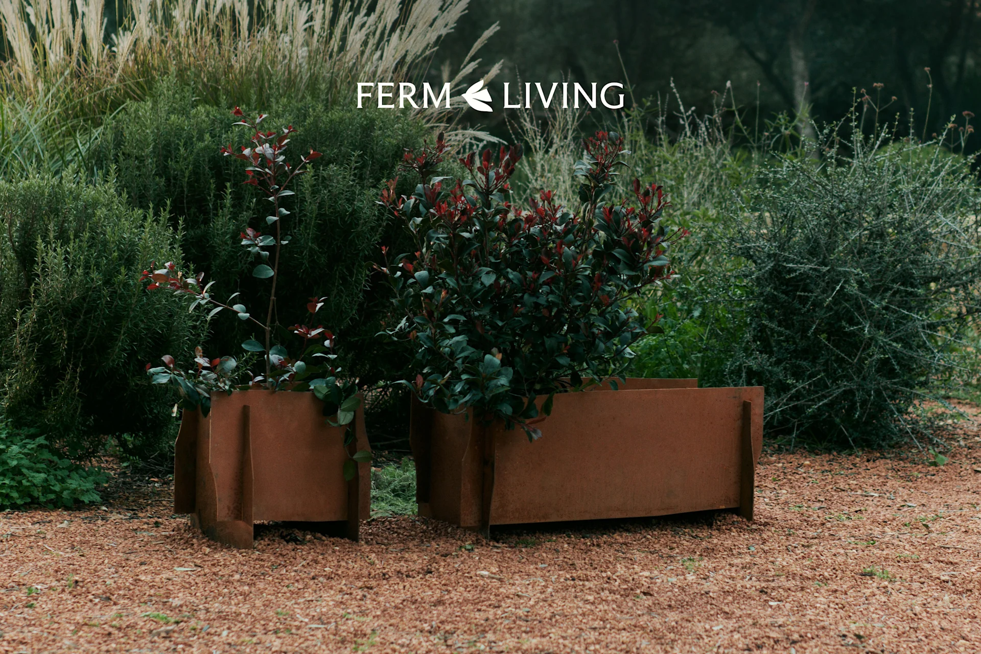 To rustikke metalplantekasser med grønne og røde blade på grus i en have. Ferm Living logo.