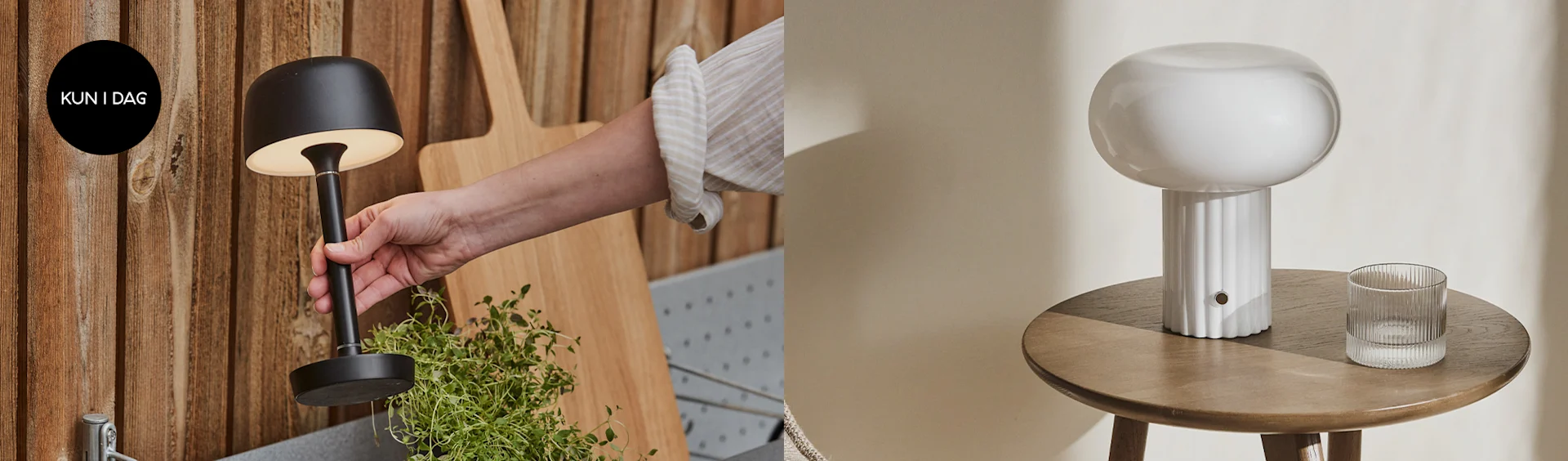 En sort bærbar bordlampe holdes over krydderurter til venstre, og en hvid svampeformet bordlampe med riflet base og et riflet glas på et træbord til højre.