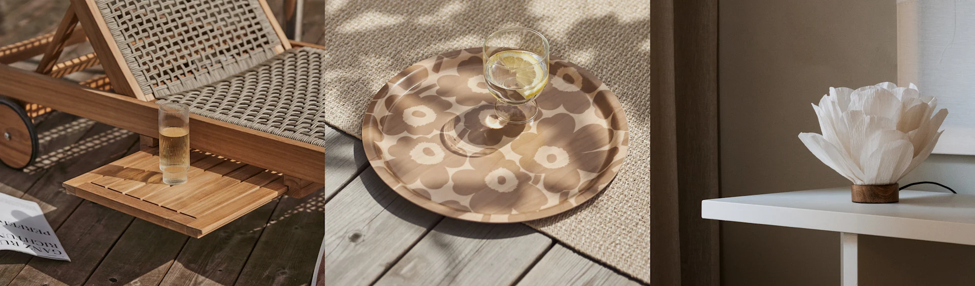 Tre paneler. Venstre: Vævet liggestol, glas, magasin. Midten: Blomstret bakke med drik. Højre: Hvid blomsterformet lampe.