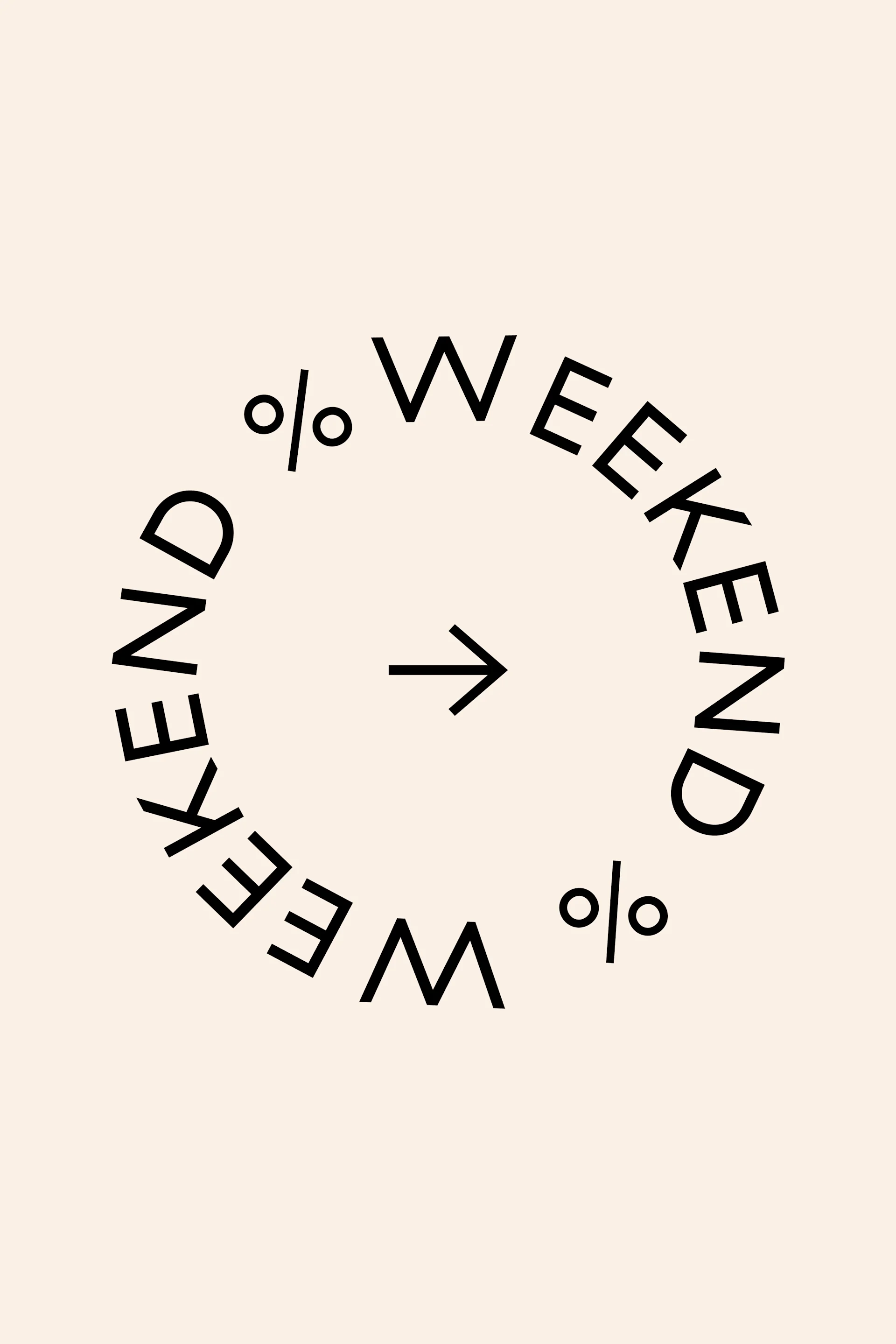 Teksten "WEEKEND" og procentsymboler arrangeret i en cirkel, med en højre-pegende pil i midten.