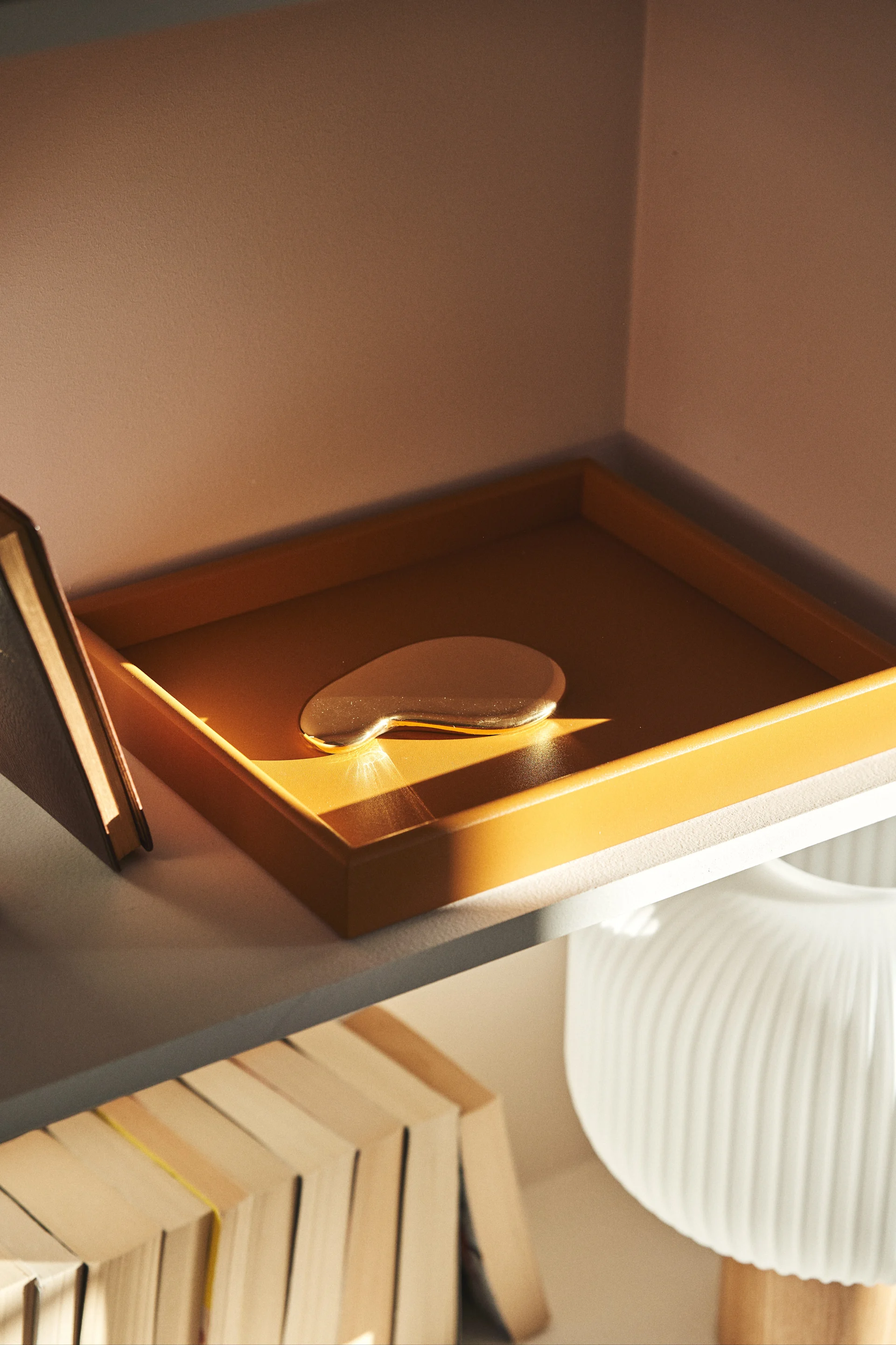 En mørk sennepsfarvet bakke står på en træhylde i solskinnet. Bakken er en ideel måde at organisere stuen på. 