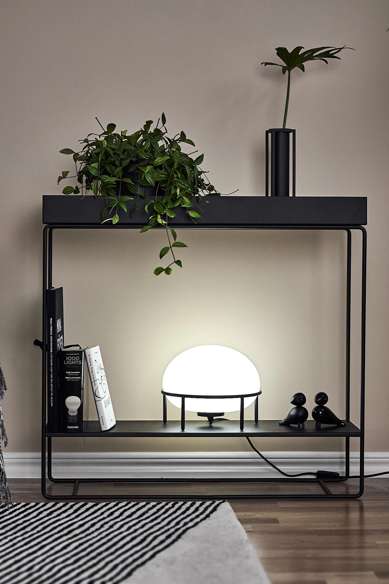 Her kan du se den sorte plantekasse dekoreret med en plante og en lampe for at give den et industrielt præg.
