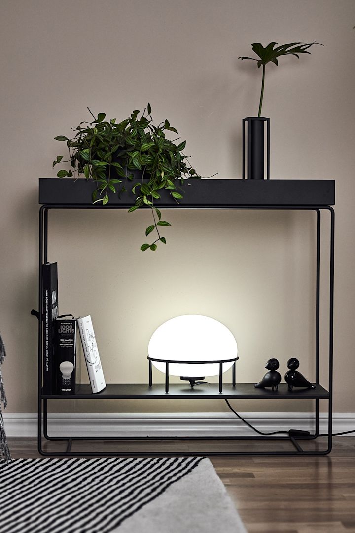 Her kan du se den sorte plantekasse dekoreret med en plante og en lampe for at give den et industrielt præg.