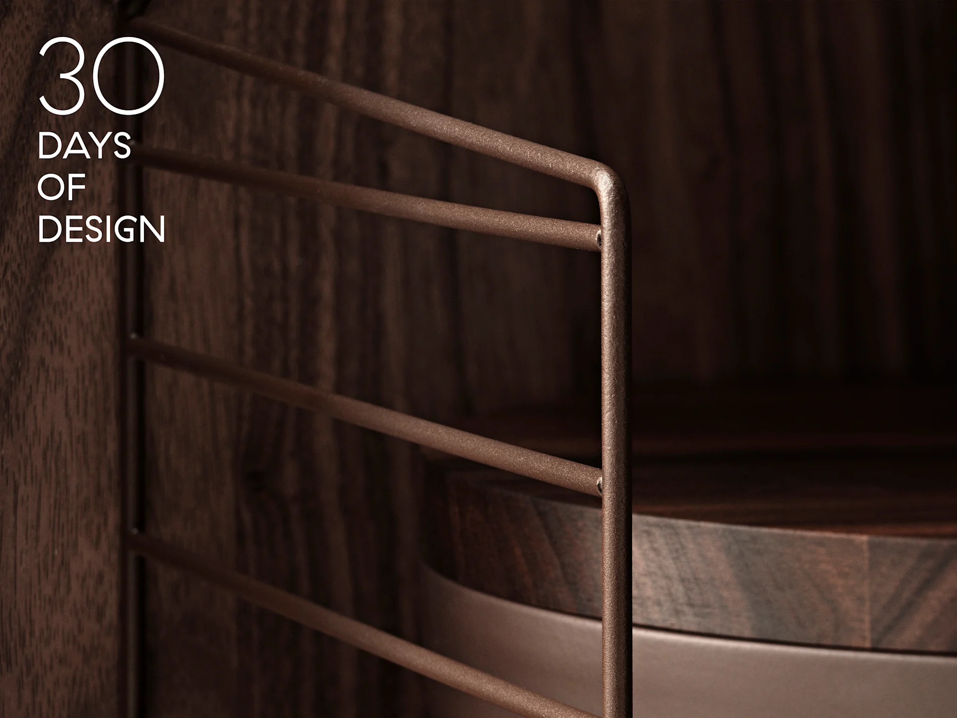 Tekst '30 DAYS OF DESIGN' over mørkt trækabinet med tekstureret brunt metaltrådsgitter og cirkulær træhylde.