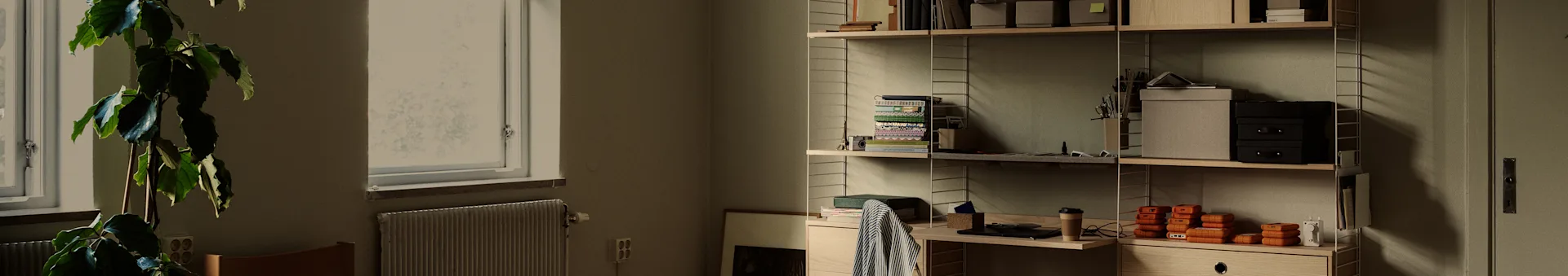 Et pænt hjemmekontor med en stor plante ved et vindue og en reol fyldt med bøger, kasser og orange bærbare harddiske.