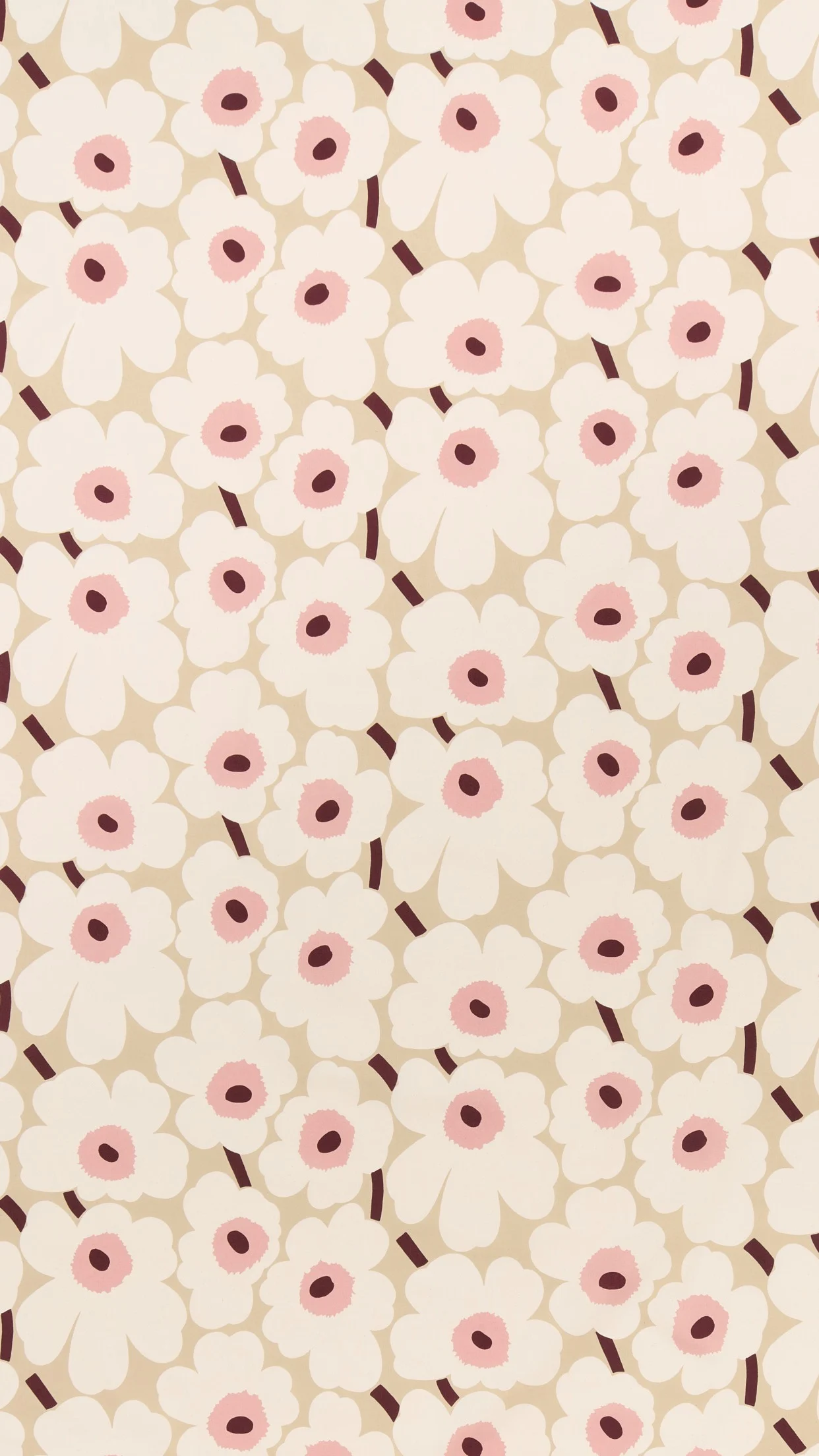 Blomstermønster med hvide blomster, lyserøde centre og mørkebrune stængler på en beige baggrund.