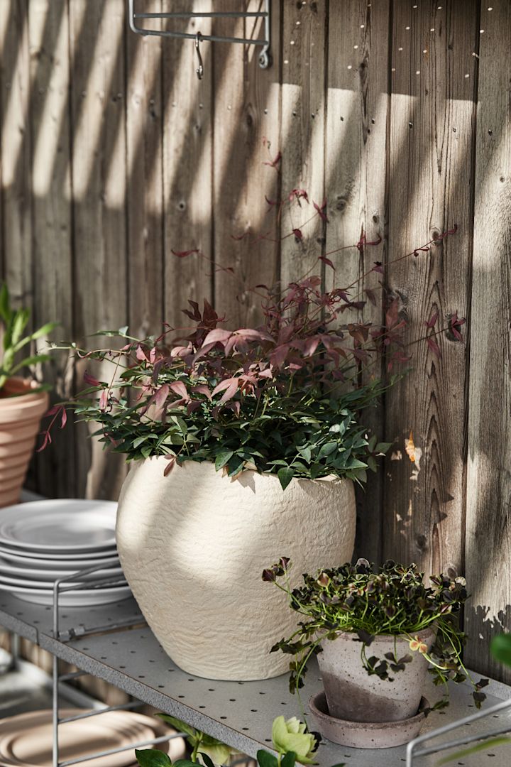En String hylde på en terrasse, på den står den store blomsterkrukke fra Audo Copenhagen.