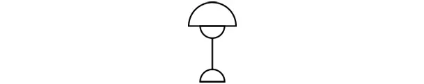 En simpel stregtegning af en bordlampe med en kuppelformet skærm og en halvcirkelformet base.