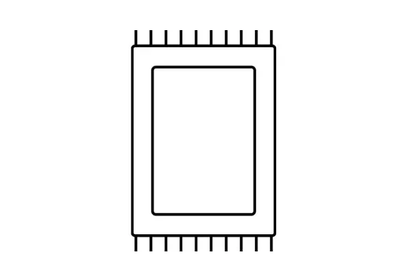 Kontur af et rektangulært tæppe med frynser i top og bund.