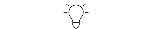 Omrids af en pære med strålende linjer, der symboliserer en idé eller belysning.