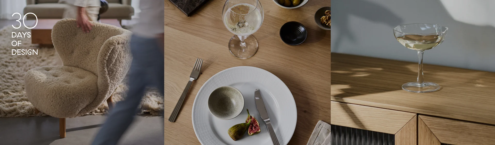 Triptyk: '30 DAYS OF DESIGN' med en fluffy lænestol; et borddækning med service, figner, vin; et vinglas på en træoverflade.