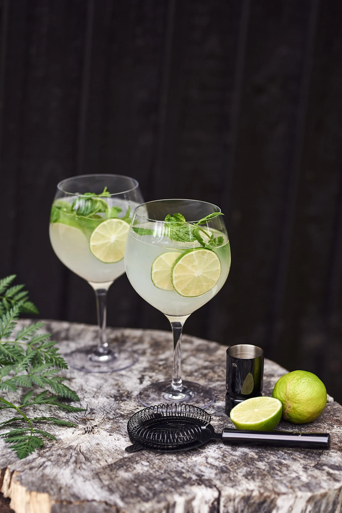 Forfriskende drinks - en Gin & Tonic garneret med lime og mynte serveret i et klassisk G&T-glas fra Orrefors.  